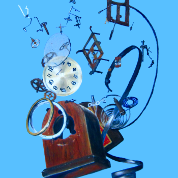 Oil painting of exploding clock parts
