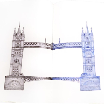 Pencil drawing of Tower Bridge, half black-and-white, half blue