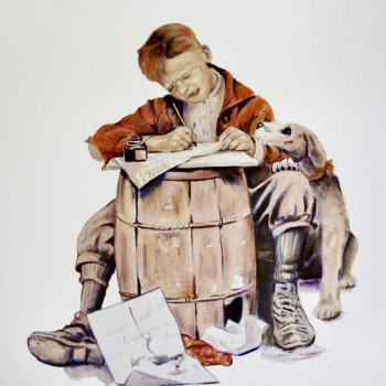 Oil painting of boy sitting, writing letter on a barrel with dog by his side