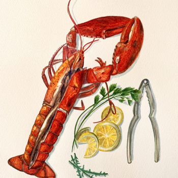 Watercolour painting of cooked lobster with lemon slices, parsley, and lobster cracker