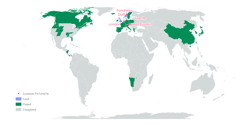 World map highlighting countries that have either been visited or lived in, by the author